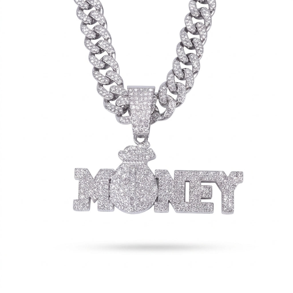 Iced Out MONEY Pendant Necklace on Cuban Link Chain – Money Bag O with Block Letters | Gold or Silver