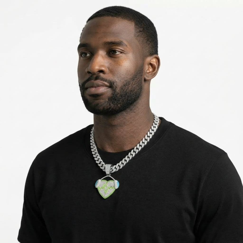Iced Out Heart with Headphones Pendant Necklace on Cuban Link Chain – Green Enamel Heartbeat Line | Silver or Gold