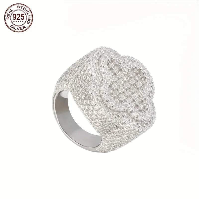 925 Sterling Silver Luxury Hip Hop Ring For Men Full Cubic Zirconia White Gold Plated Clover Rings Male Punk Jewelry Party Gift