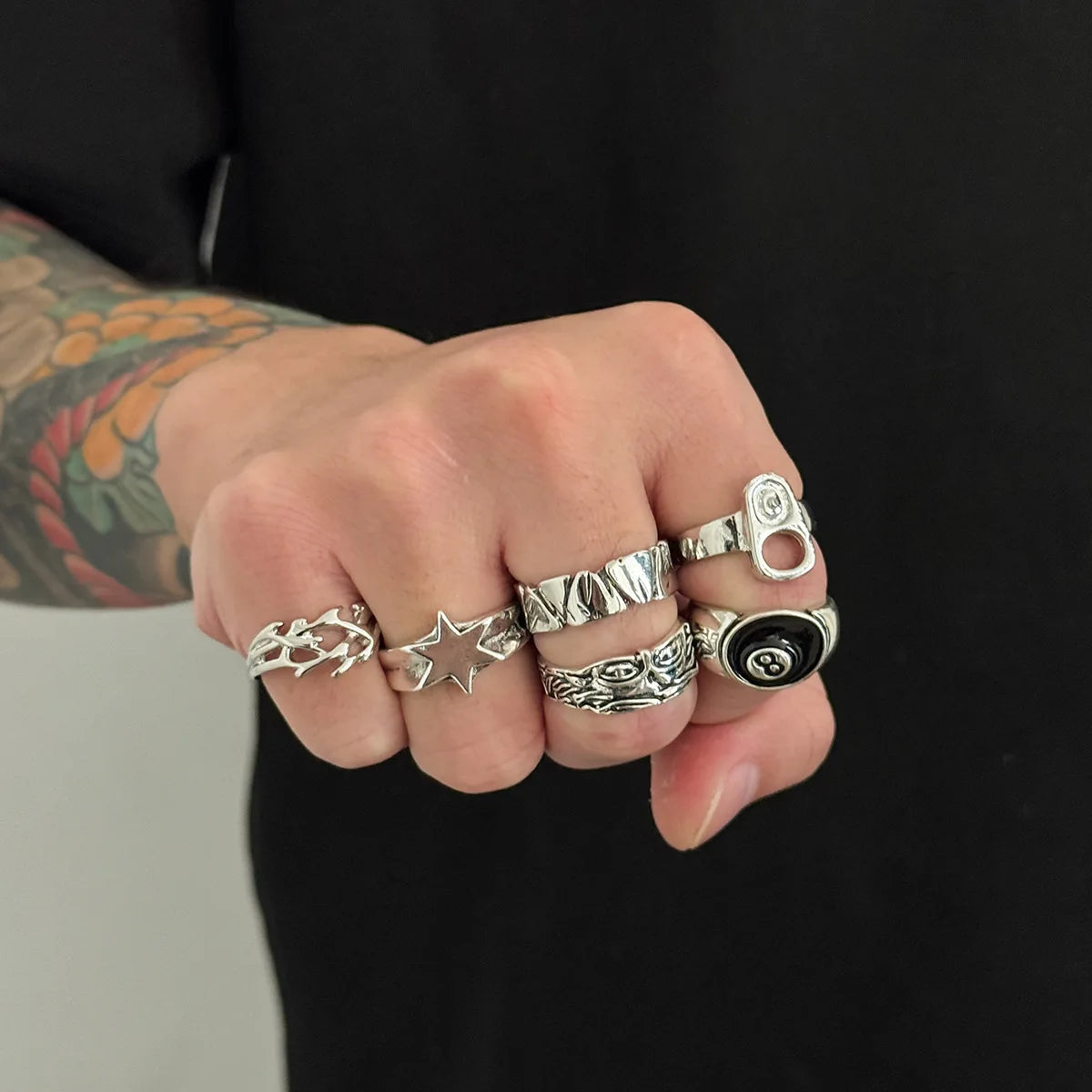 Hiphop Punk Hollow Hexagonal Star Rings for Men Women Gothic Irregular Metal Open Rings Set Y2K Street Jewelry Accessories
