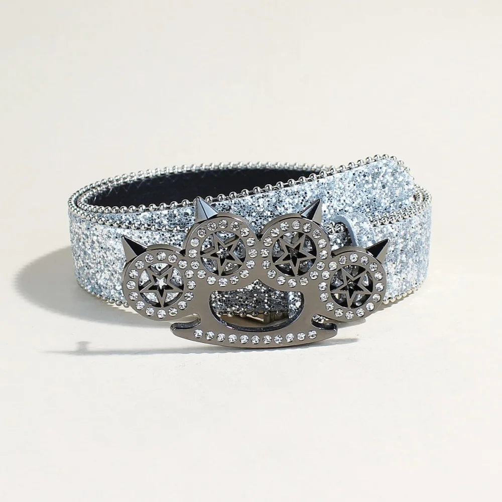 Black Glitter Rhinestone Belt with Spiked Star Ring Buckle – Ball Chain Edges & Gunmetal Four-Ring Plaque with Clear Stones