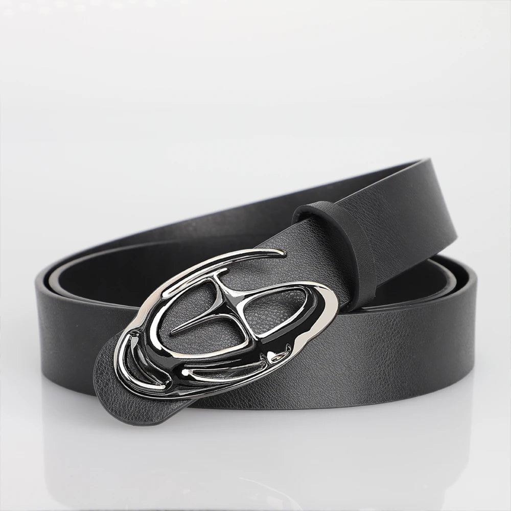 Black Liquid Chrome Star Oval Buckle Belt – Polished Silver Buckle with Four-Point Star Center | Plain or Double Grommet Strap