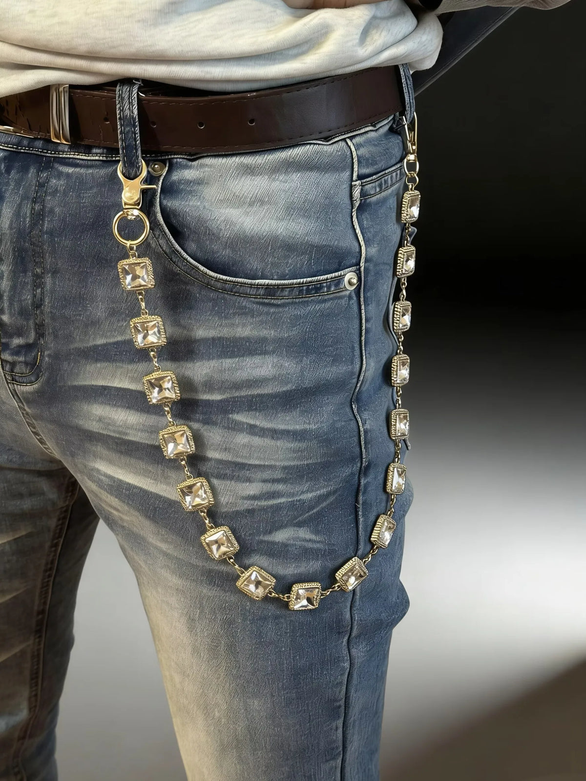 Sparkly Crystal Square Pants Chain Gold Plated Rhinestone Jean Chain Punk Hip Hop Wallet pendant