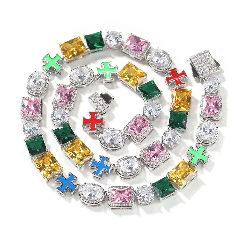 Iced Out Multicolor Stone Link Chain Necklace – Square-Cut Colored Stones, Oval Halo Stones & Enamel Cross Links | Silver