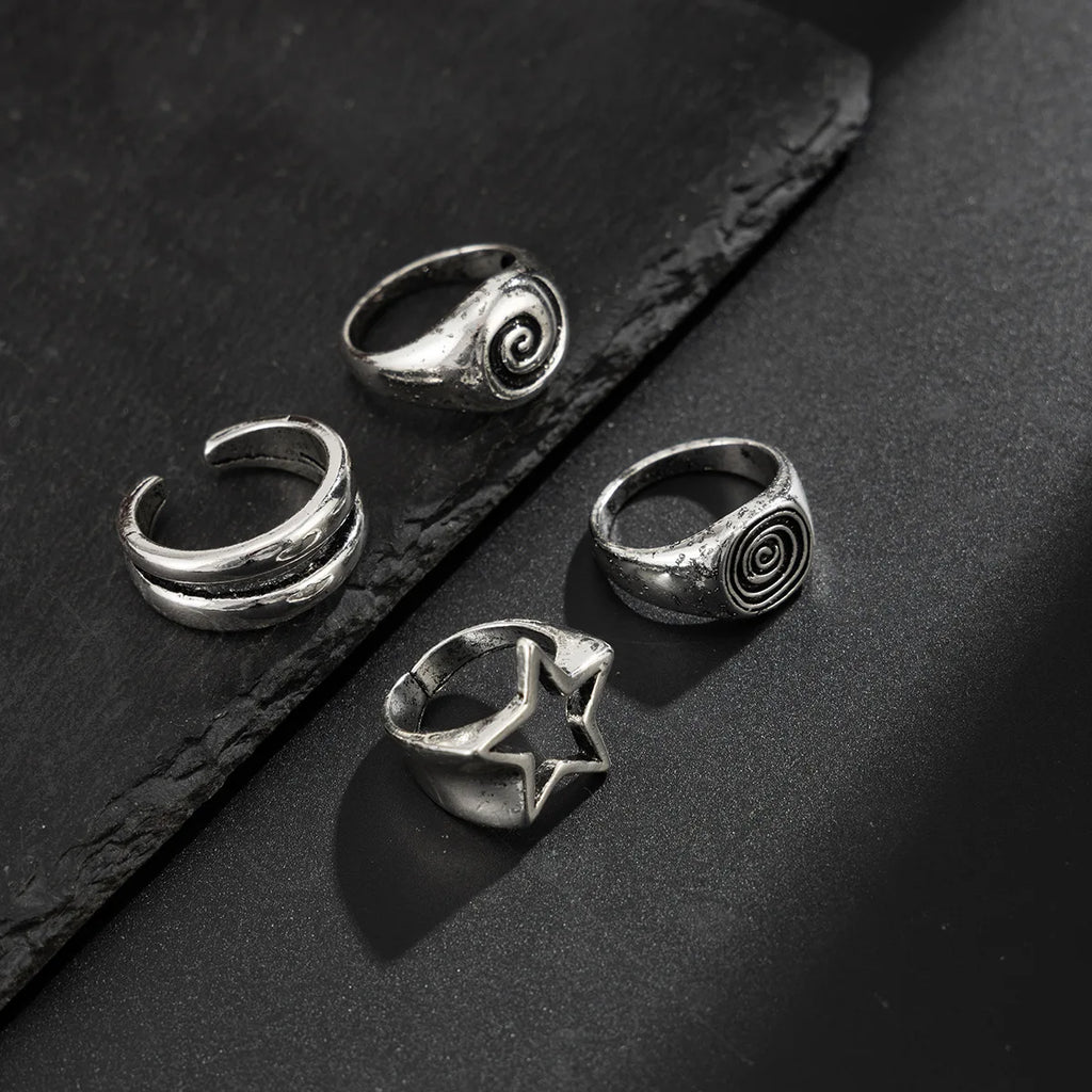 4Ps/Set Hiphop Punk Hollow Pentagram Rings for Men Women Vintage Geometric Thread Vortex Opening Rings Set Gothic Jewelry Gifts