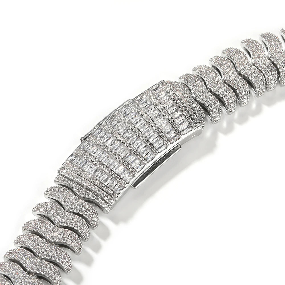Iced Out Wave Link Chain Necklace – Stacked S-Curve Links with Baguette-Stone Box Clasp | Gold or Silver