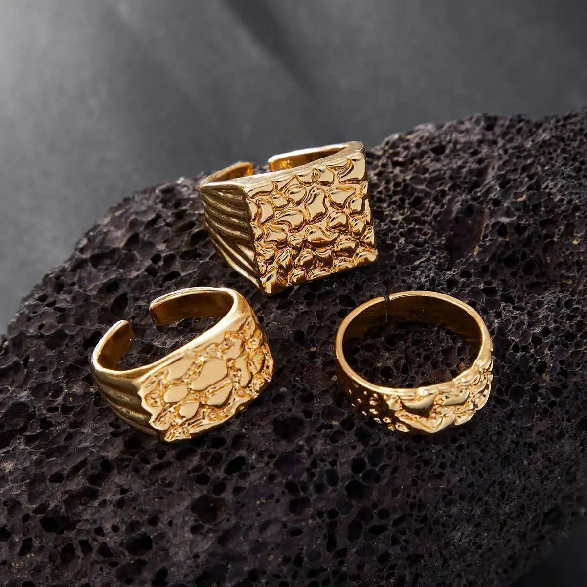 IngeSight.Z 3Pcs/Set Trendy Hip Hop Alloy Square Texture Texture Ring Men 2025 New Geometric Adjustable Finger Ring Jewelry Gift