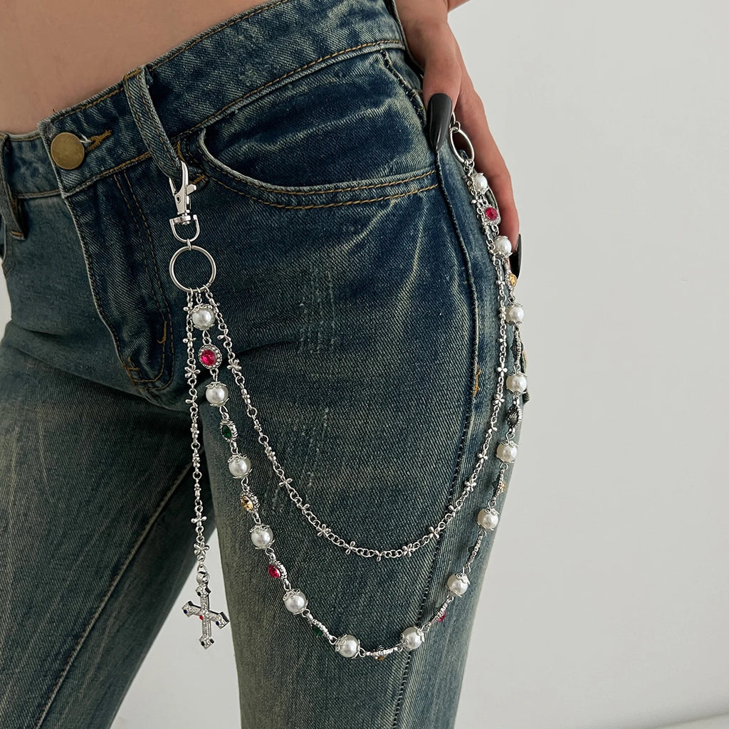 Ingemark Exquisite Luxury Imitation Pearl Acrylic Rhinestone Pants Chain Women Punk HipHop Cross Pendant Jeans Chain Men Jewelry