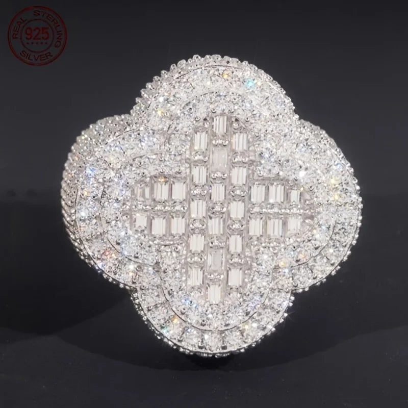 925 Sterling Silver Luxury Hip Hop Ring For Men Full Cubic Zirconia White Gold Plated Clover Rings Male Punk Jewelry Party Gift