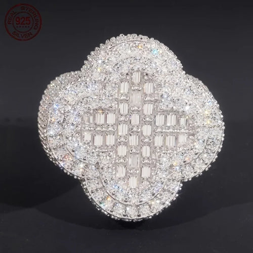 925 Sterling Silver Luxury Hip Hop Ring For Men Full Cubic Zirconia White Gold Plated Clover Rings Male Punk Jewelry Party Gift