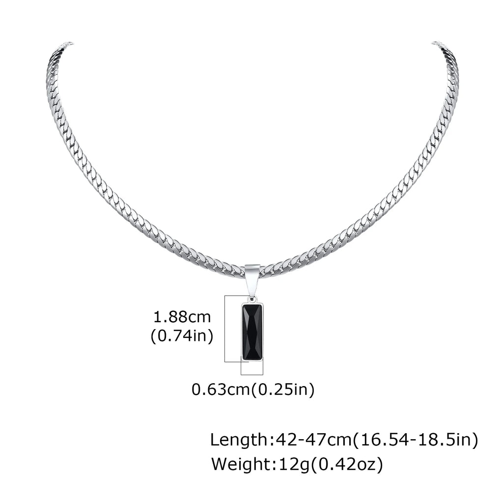 Black Stone Pendant Necklace – Silver Cuban Chain, Faceted Rectangular Design