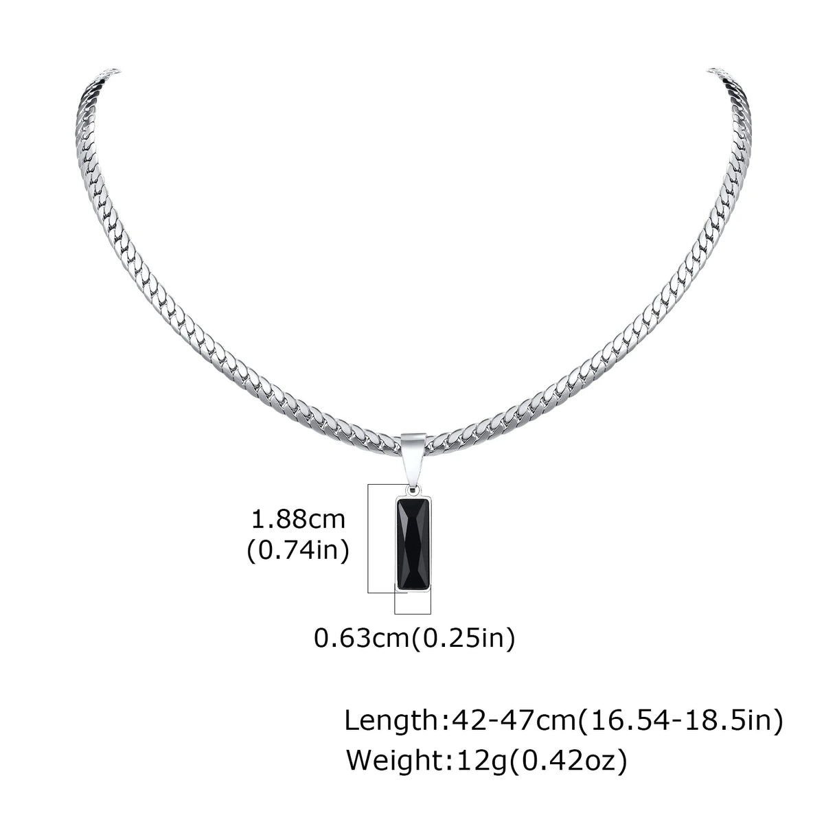 Black Stone Pendant Necklace – Silver Cuban Chain, Faceted Rectangular Design
