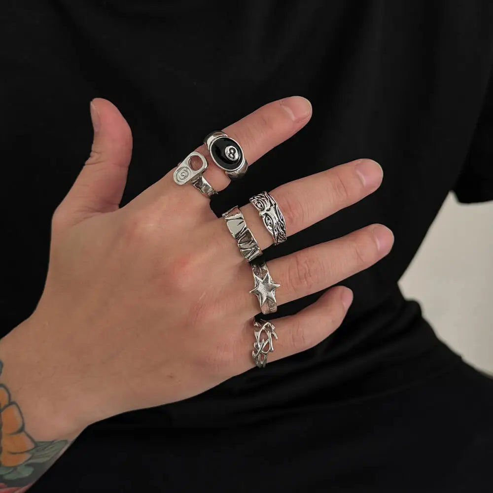Hiphop Punk Hollow Hexagonal Star Rings for Men Women Gothic Irregular Metal Open Rings Set Y2K Street Jewelry Accessories