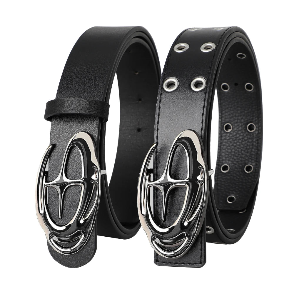 Black Liquid Chrome Star Oval Buckle Belt – Polished Silver Buckle with Four-Point Star Center | Plain or Double Grommet Strap