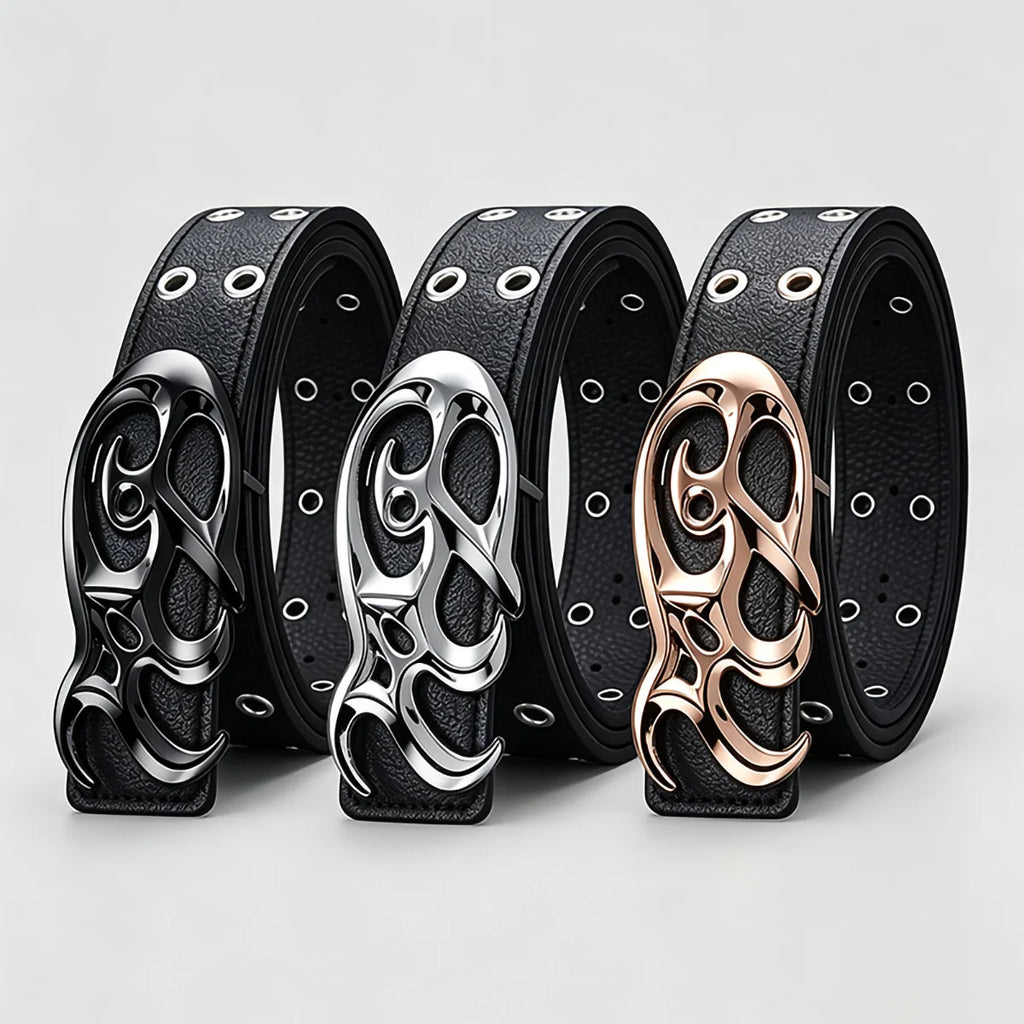 Black Double Grommet Belt with Tribal Chrome Buckle – Polished Silver Y2K Sigil Plaque & Stitched Strap