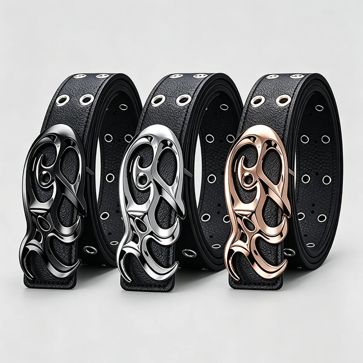 Black Double Grommet Belt with Tribal Chrome Buckle – Polished Silver Y2K Sigil Plaque & Stitched Strap
