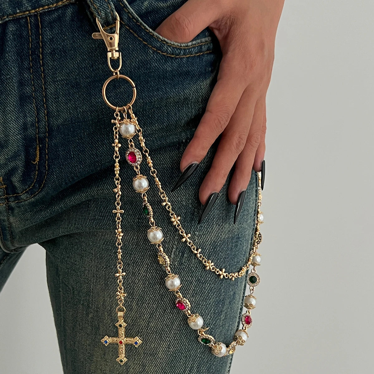 Ingemark Exquisite Luxury Imitation Pearl Acrylic Rhinestone Pants Chain Women Punk HipHop Cross Pendant Jeans Chain Men Jewelry