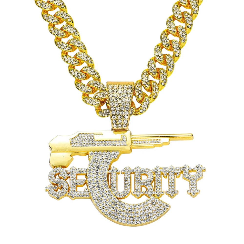 Iced Out SECURITY Pendant Necklace on Cuban Link Chain – Old English-Style Letters with Rifle Magazine C | Gold or Silver