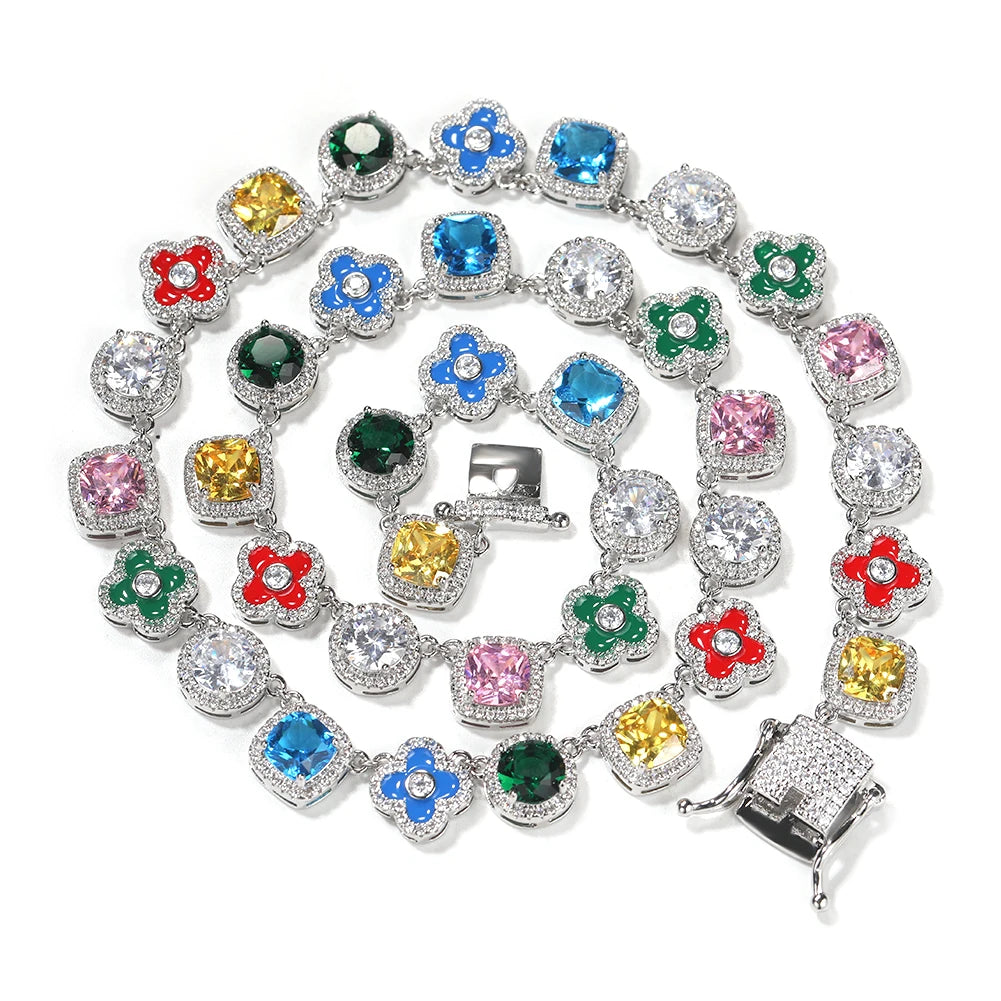 Iced Out Clover Station Link Chain Necklace – Inlaid Clovers Alternating with Halo-Set Colored Stones | Gold or Silver