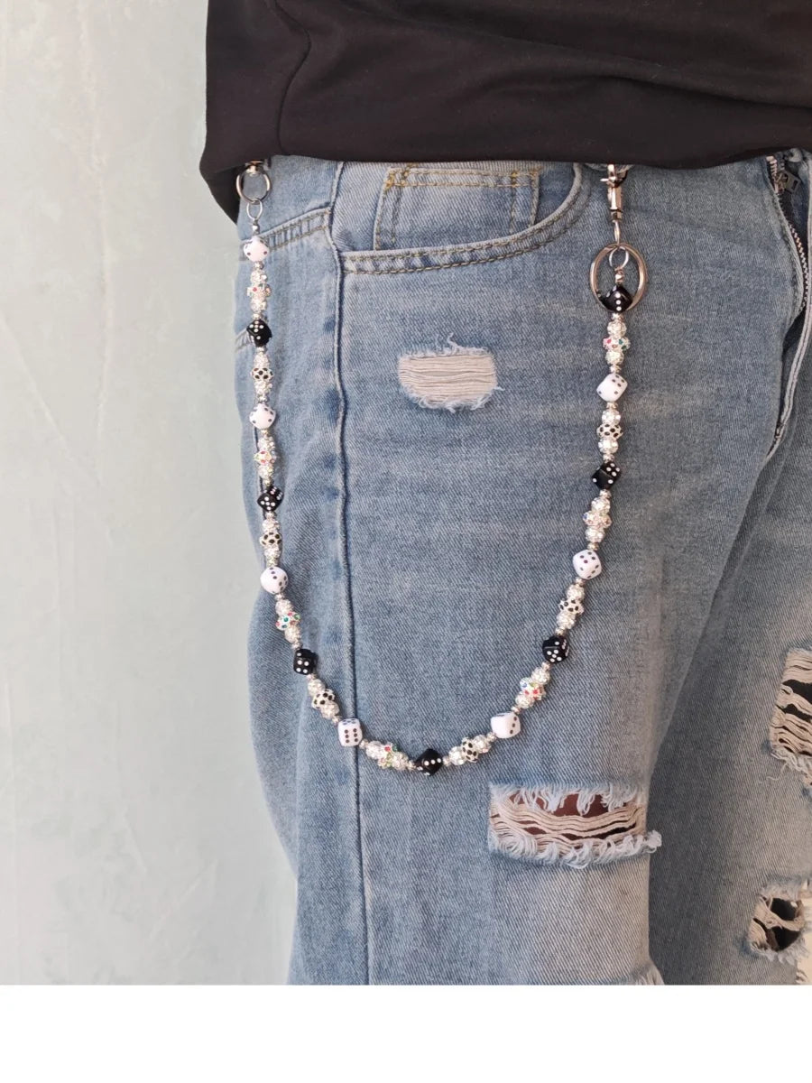 Y2K Hip Hop Dice Beaded Pants Chain, Black White Dice Rhinestone Jean Waist Chain, Zinc Alloy Punk Unisex Wallet Chain Bag Charm