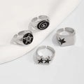 4Pcs/Set Black Five-Pointed Star Wide Rings for Men Hiphop Silver Color Geometric Thick Opening Finger Rings Sets Jewelry Gifts