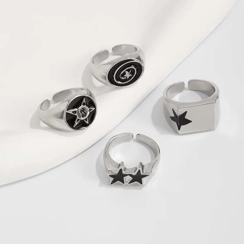 4Pcs/Set Black Five-Pointed Star Wide Rings for Men Hiphop Silver Color Geometric Thick Opening Finger Rings Sets Jewelry Gifts