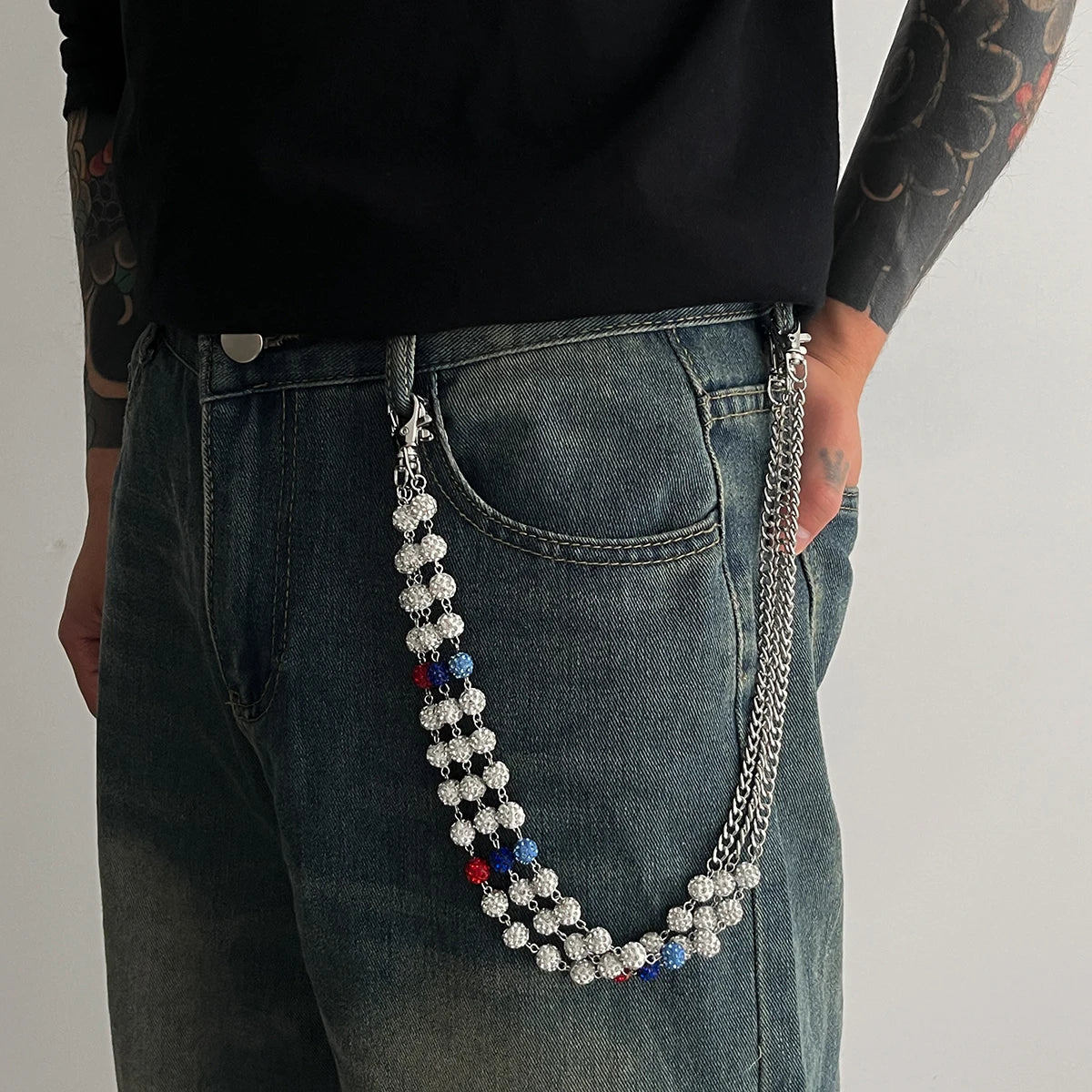 SHIXIN Hip Hop Colorful Rhinestone Round Ball Pants Chain Men Women Rock Layed Beads Jeans Waist Chain Unisex Y2K Street Jewelry