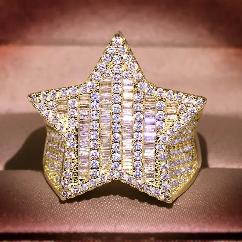 Hip Hop Five Star Rings Men's Gold Silver Color Iced Out Cubic Zirconia Jewelry Ring Gifts Couple Wedding Rings Women Jewelry