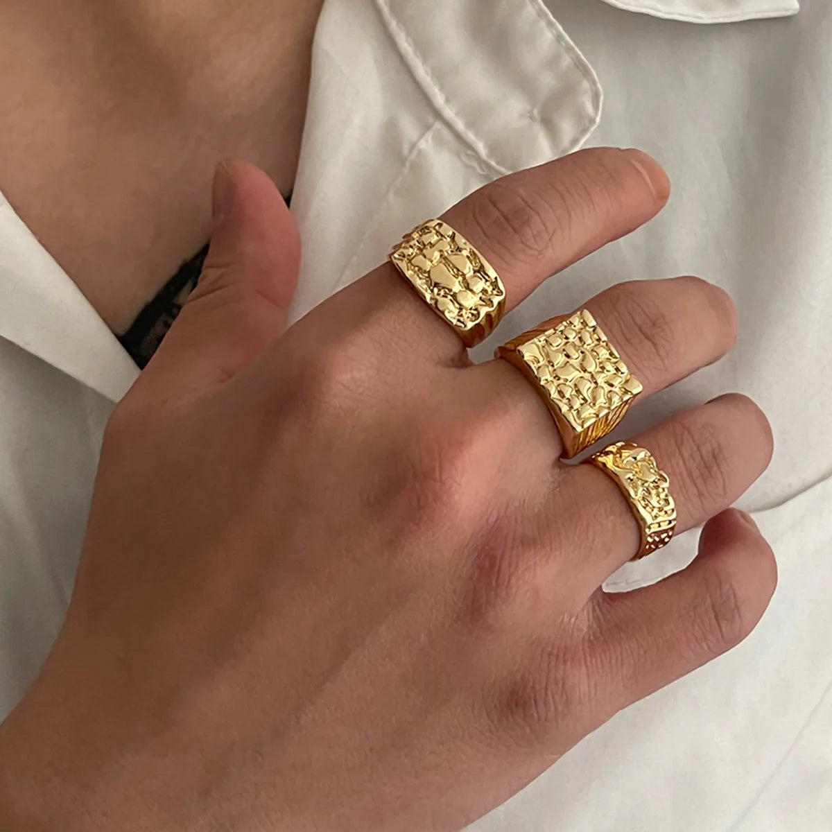 IngeSight.Z 3Pcs/Set Trendy Hip Hop Alloy Square Texture Texture Ring Men 2025 New Geometric Adjustable Finger Ring Jewelry Gift