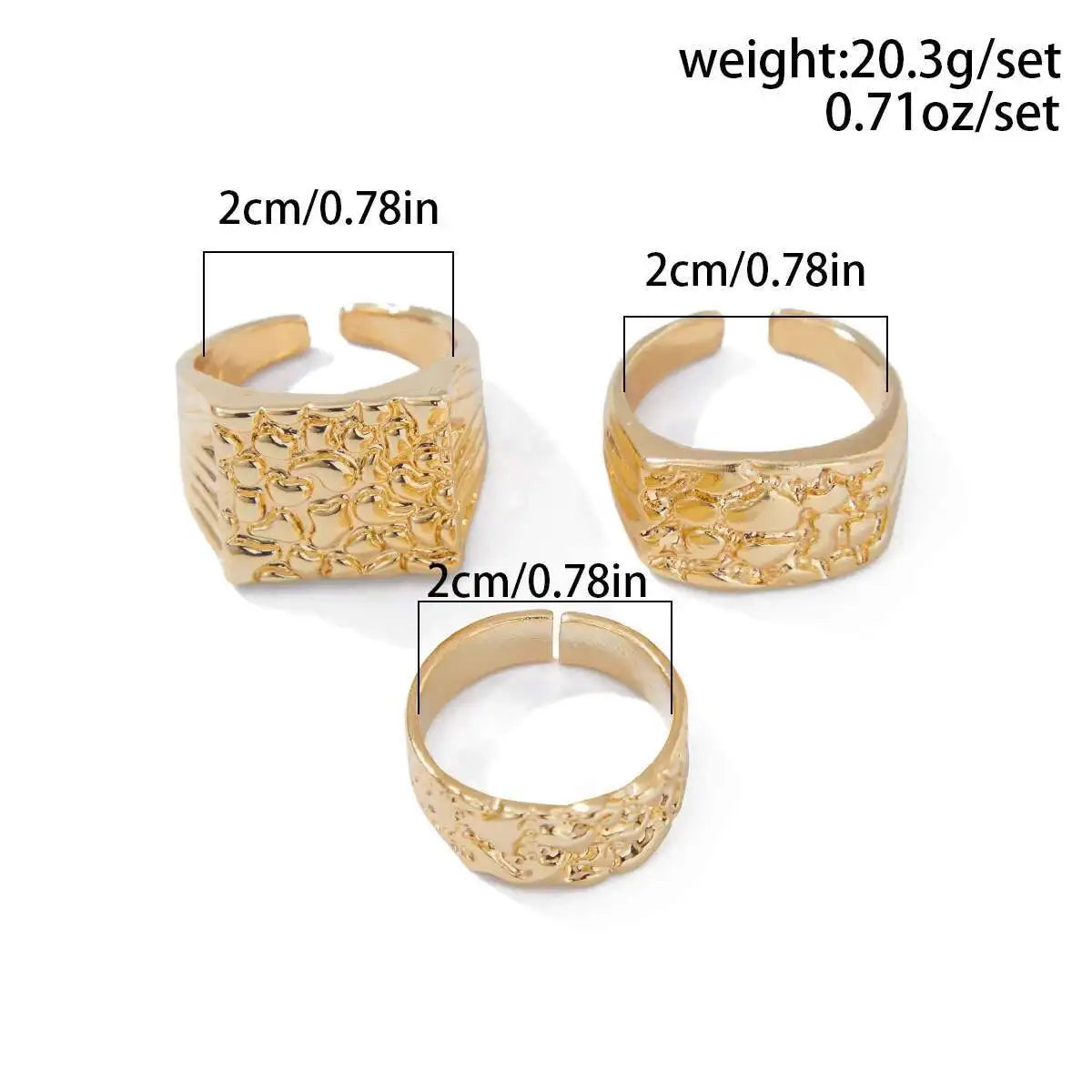 IngeSight.Z 3Pcs/Set Trendy Hip Hop Alloy Square Texture Texture Ring Men 2025 New Geometric Adjustable Finger Ring Jewelry Gift