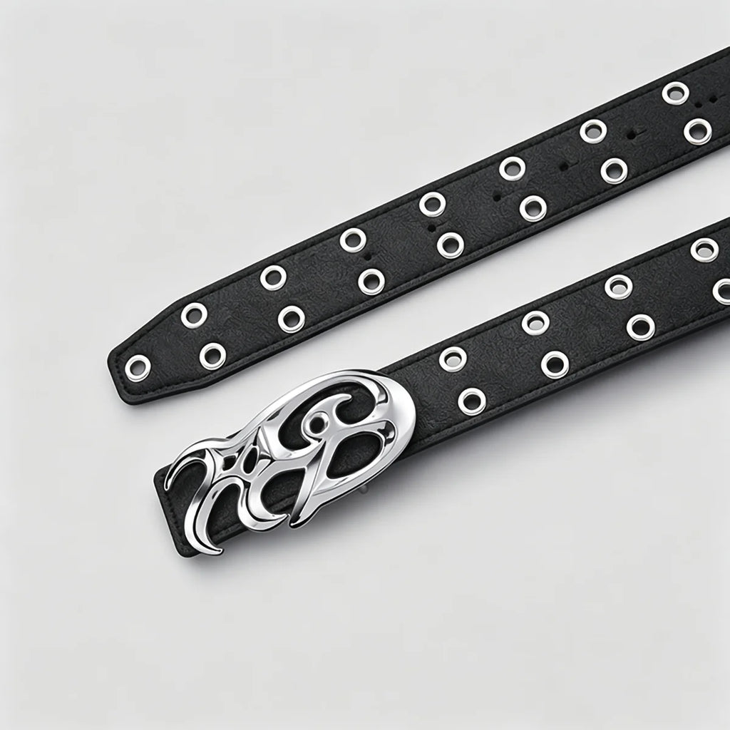 Black Double Grommet Belt with Tribal Chrome Buckle – Polished Silver Y2K Sigil Plaque & Stitched Strap