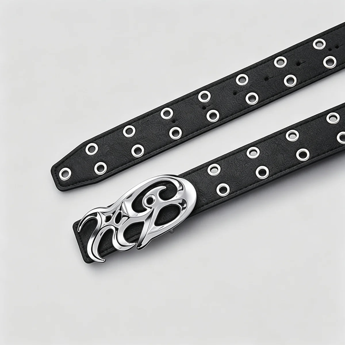 Black Double Grommet Belt with Tribal Chrome Buckle – Polished Silver Y2K Sigil Plaque & Stitched Strap