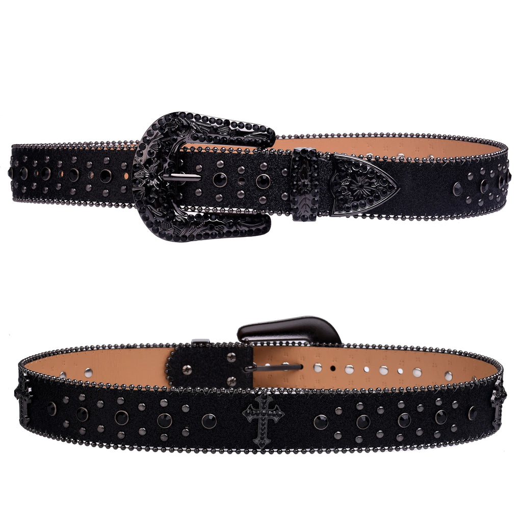 Black Rhinestone Studded Western Belt with Cross Concho – Glitter Strap, Ball Chain Edges & Engraved Black Buckle Set