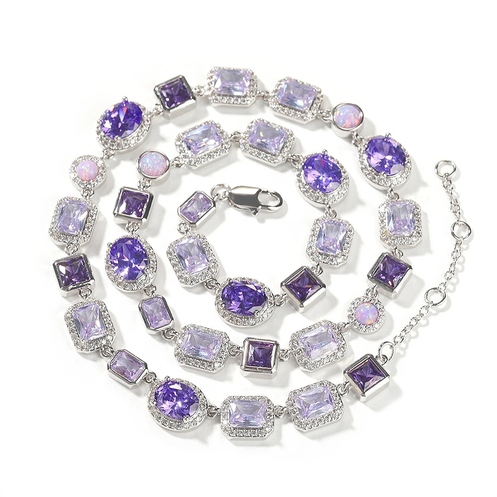 Iced Out Mixed-Cut Colored Stone Link Chain Necklace – Halo-Set Oval, Square & Rectangle Stones | Gold/Blue or Silver/Purple