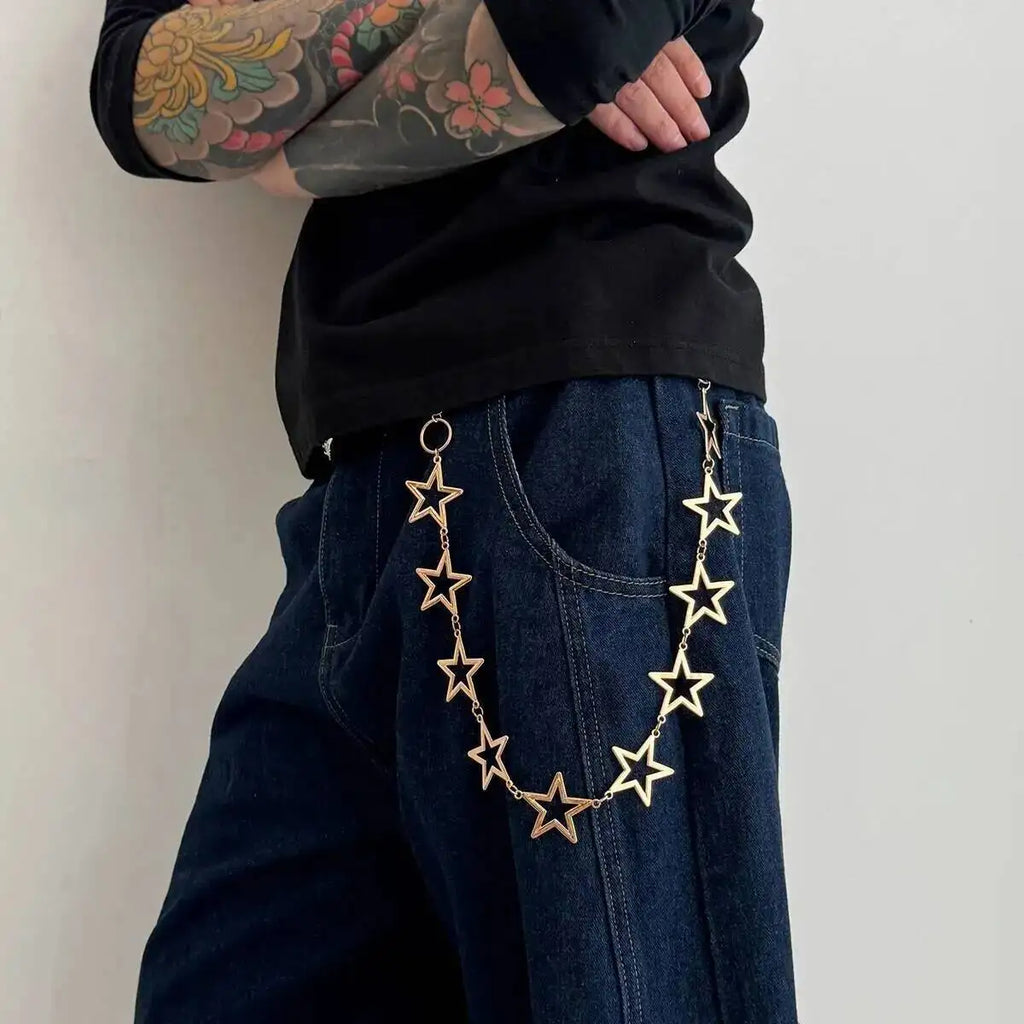 KunJoe Hip Hop Hollow Out Star Waist Belt Chain Keychain Jeans Accessory Men Women Punk Metal Hipster Pants Chain Male Jewelry