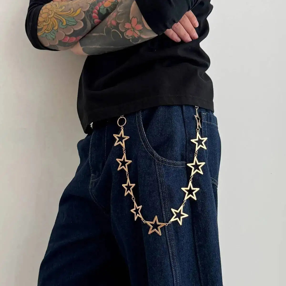 KunJoe Hip Hop Hollow Out Star Waist Belt Chain Keychain Jeans Accessory Men Women Punk Metal Hipster Pants Chain Male Jewelry