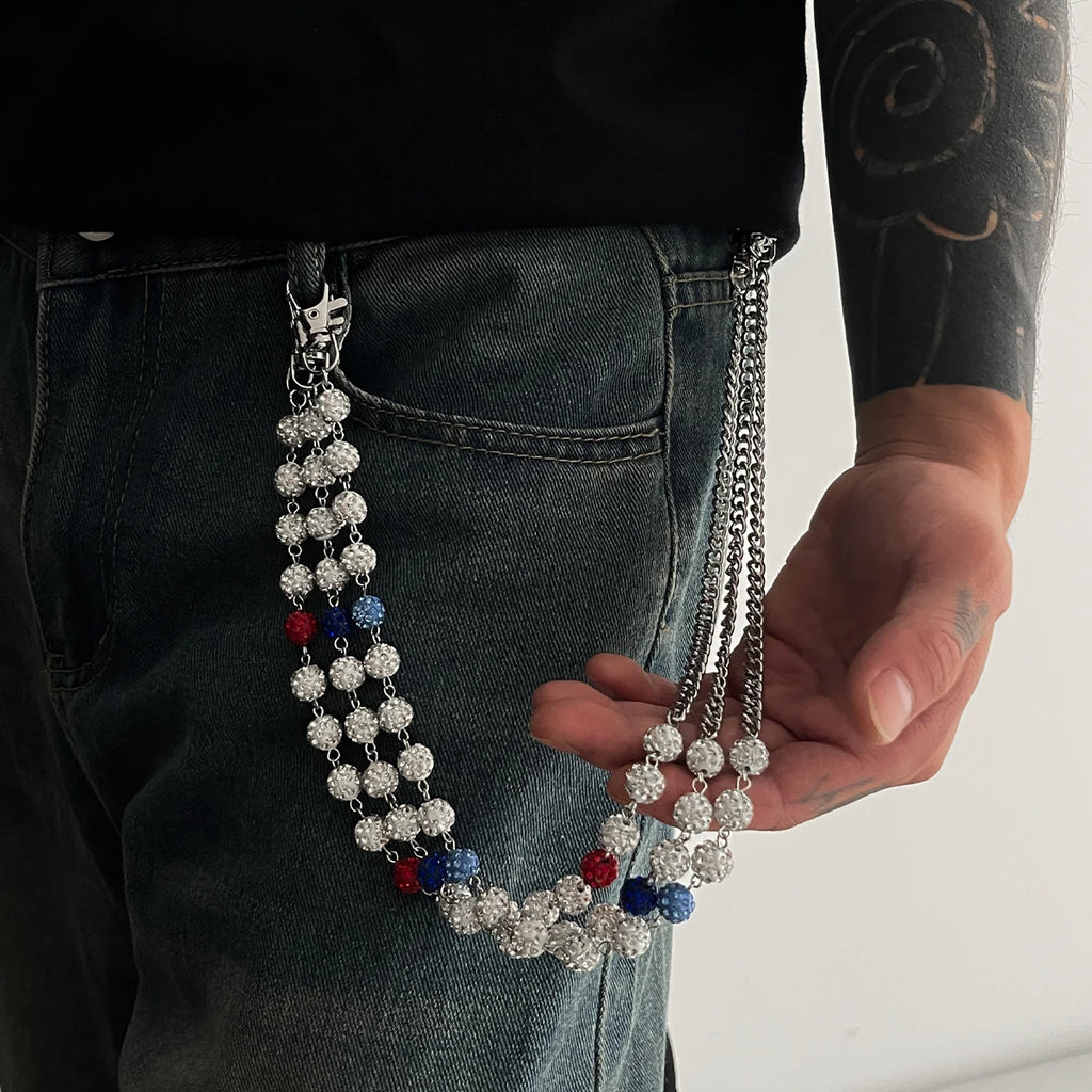 SHIXIN Hip Hop Colorful Rhinestone Round Ball Pants Chain Men Women Rock Layed Beads Jeans Waist Chain Unisex Y2K Street Jewelry