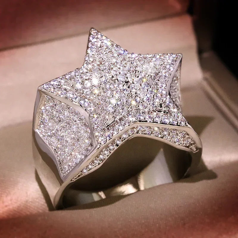 Hip Hop Five Star Rings Men's Gold Silver Color Iced Out Cubic Zirconia Jewelry Ring Gifts Couple Wedding Rings Women Jewelry