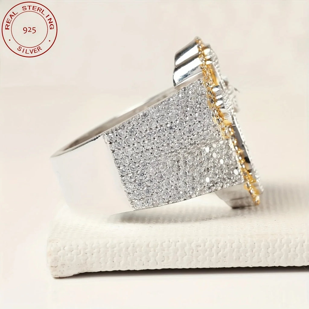 2025 New Arrival Iced Out Cross Ring Hip Hop Bustdown 925 Sterling Silver Rings For Men Retro Two Tone Fine Jewelry