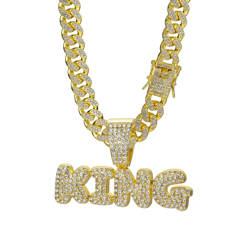 Iced Out KING Pendant Cuban Link Chain – Bubble Letter Necklace with Stone-Set Box Clasp | Silver or Gold