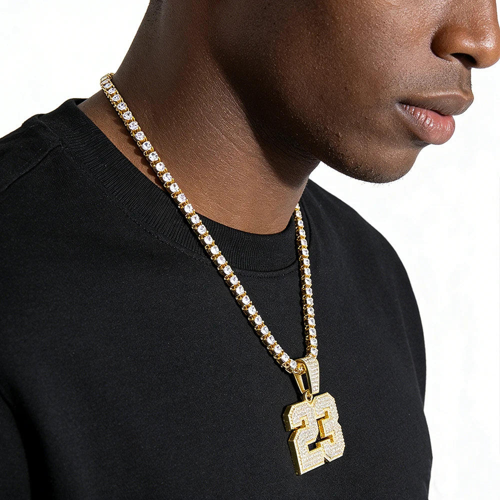Iced Out Number 23 Pendant Necklace on Tennis Chain – 3D Layered Jersey Numerals | Silver or Gold