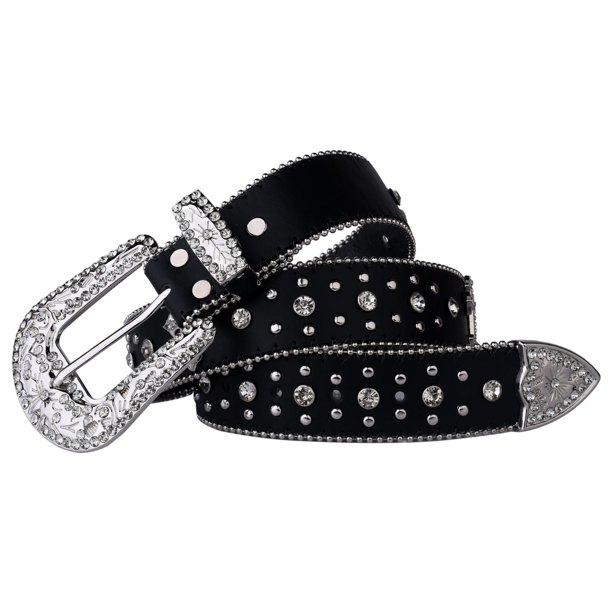 Black & Silver Rhinestone Studded Western Belt with Cross Concho – Smooth Strap, Ball Chain Edges & Clear Rhinestone Buckle Set