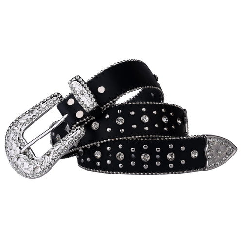 Black & Silver Rhinestone Studded Western Belt with Cross Concho – Smooth Strap, Ball Chain Edges & Clear Rhinestone Buckle Set