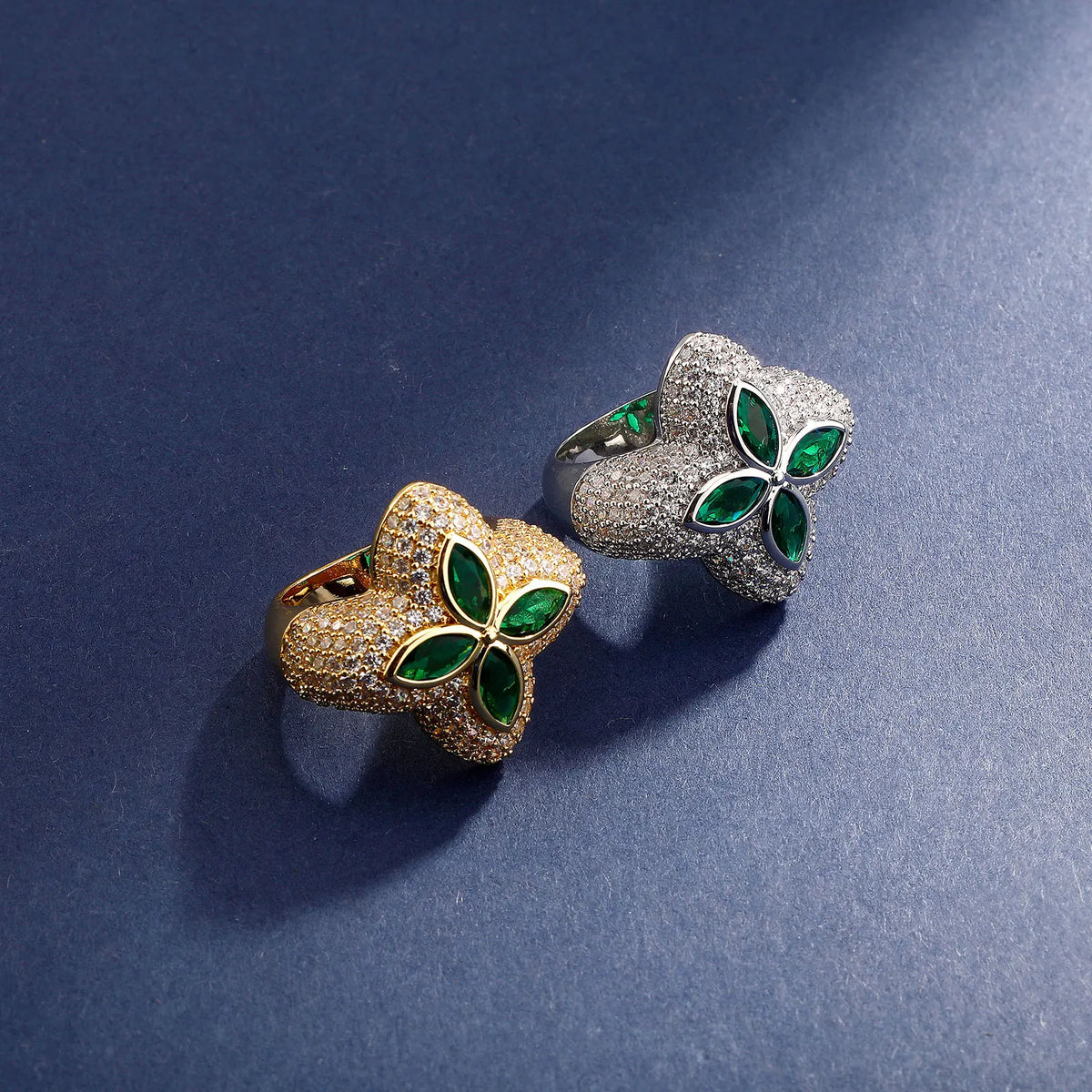 TOPGRILLZ 7-11 Size Iced Out Bling Charm Four Leaf Clover Ring Gold Silver Color Cubic Zirconia Flower Classic Ring For Gift