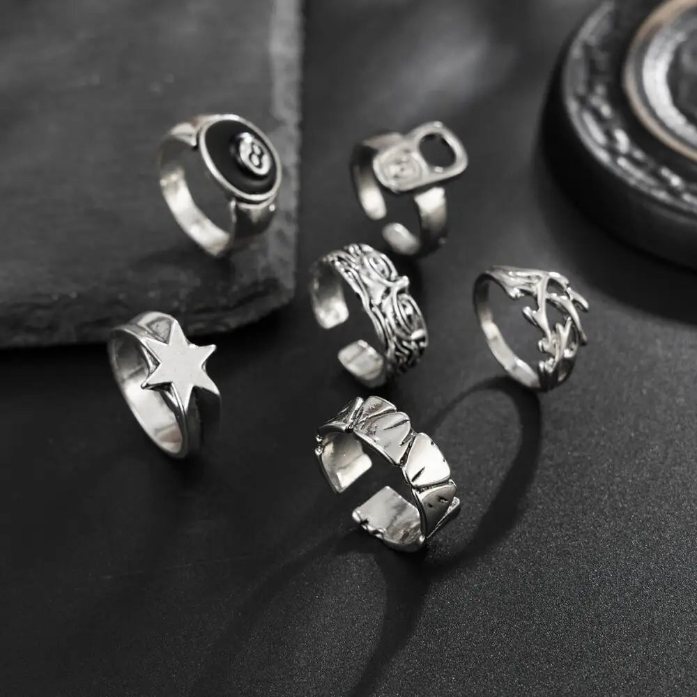 Hiphop Punk Hollow Hexagonal Star Rings for Men Women Gothic Irregular Metal Open Rings Set Y2K Street Jewelry Accessories