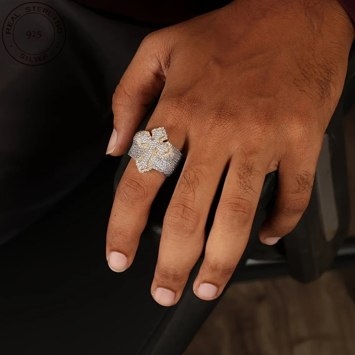 2025 New Arrival Iced Out Cross Ring Hip Hop Bustdown 925 Sterling Silver Rings For Men Retro Two Tone Fine Jewelry