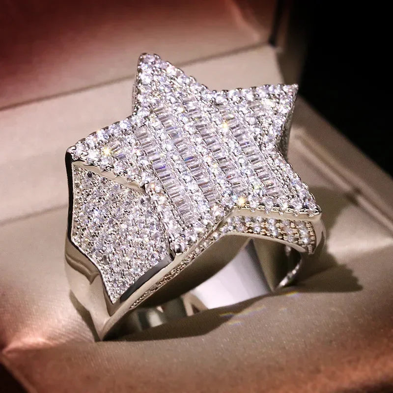 Hip Hop Five Star Rings Men's Gold Silver Color Iced Out Cubic Zirconia Jewelry Ring Gifts Couple Wedding Rings Women Jewelry