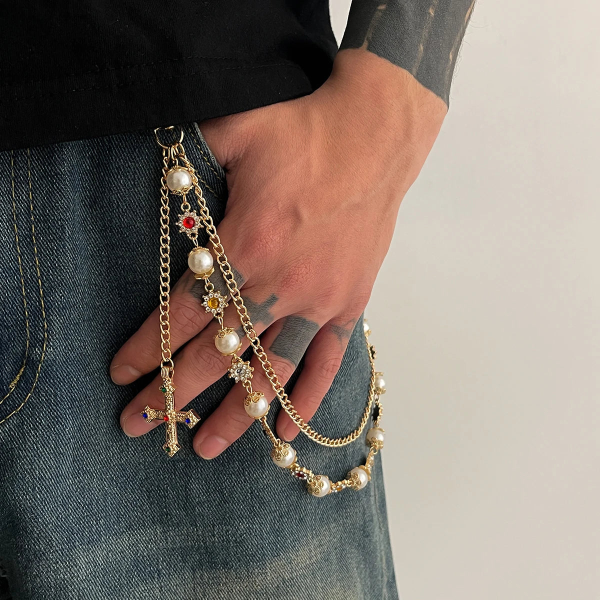 Salircon New Exquisite Luxury Cross Pendant Imitation Pearl Keychain Belt Chain Men Punk Trousers Jean Chain HipHop Jewelry Gift