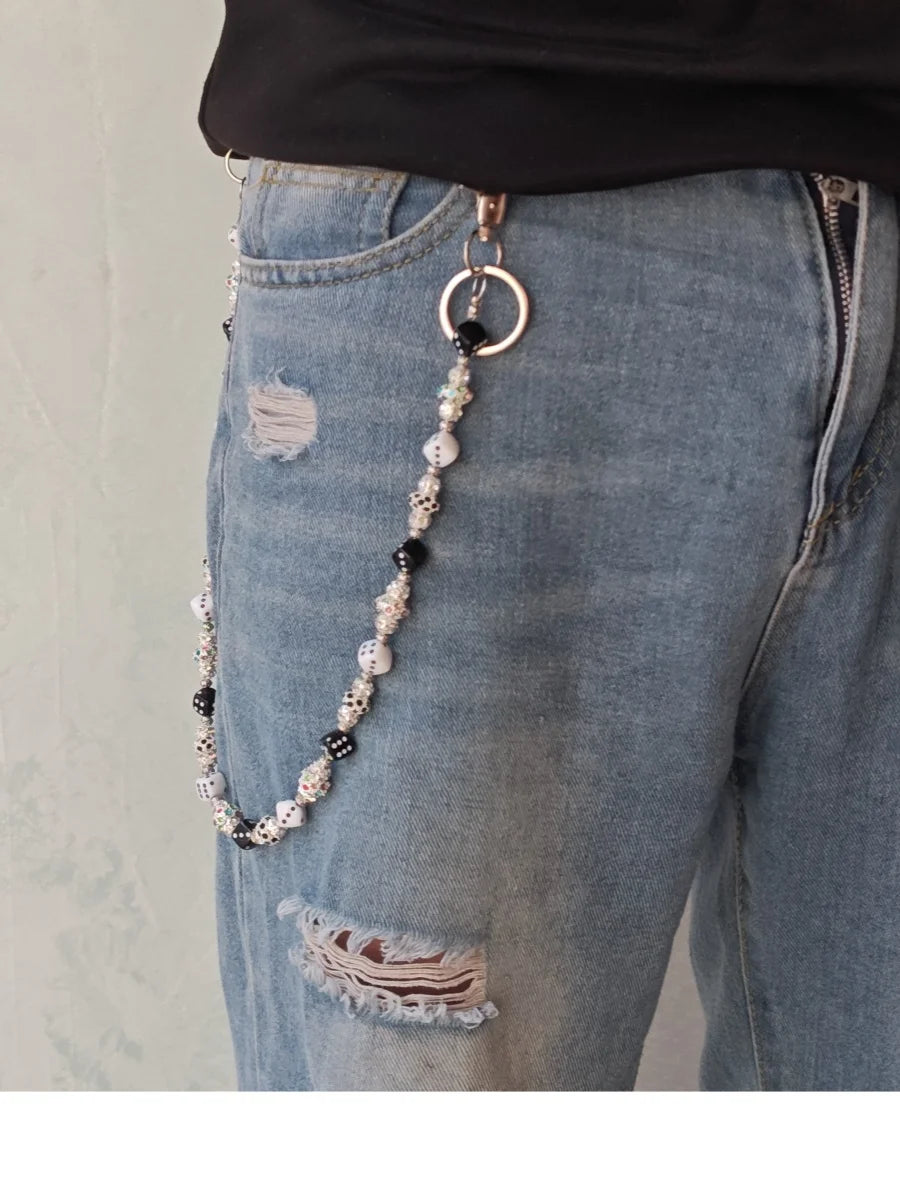 Y2K Hip Hop Dice Beaded Pants Chain, Black White Dice Rhinestone Jean Waist Chain, Zinc Alloy Punk Unisex Wallet Chain Bag Charm
