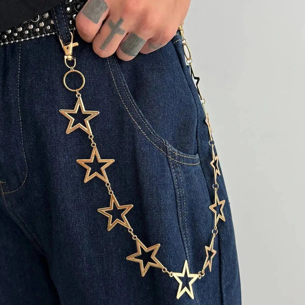 KunJoe Hip Hop Hollow Out Star Waist Belt Chain Keychain Jeans Accessory Men Women Punk Metal Hipster Pants Chain Male Jewelry